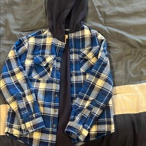 LLBean Blue and White Plaid Fleece lines Flannel Shirt with Hood